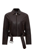 Love Women's Brown Shirt Collar Vintage Oversize Leather Jacket | Derimod