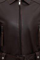 Love Women's Brown Shirt Collar Vintage Oversize Leather Jacket | Derimod