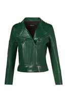 Roma Woman Green Short Biker Leather Jacket | Derimod