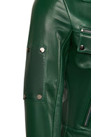 Roma Woman Green Short Biker Leather Jacket | Derimod