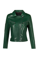 Roma Woman Green Short Biker Leather Jacket | Derimod