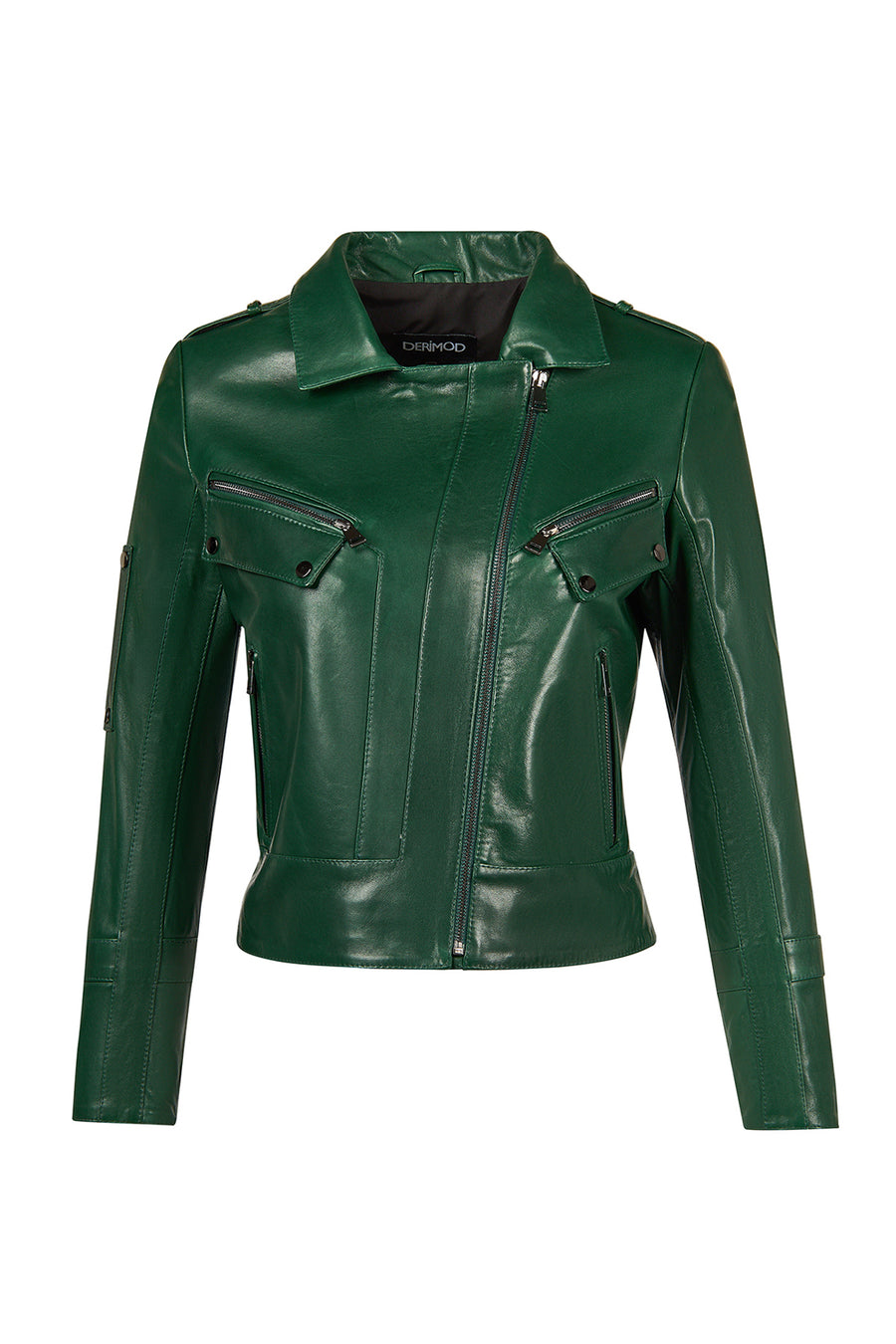 Roma Woman Green Short Biker Leather Jacket