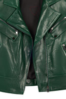Roma Woman Green Short Biker Leather Jacket | Derimod