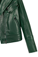 Roma Woman Green Short Biker Leather Jacket | Derimod