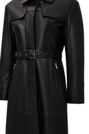 Betina Women's Black Shirt Collar Leather Overcoat | Derimod