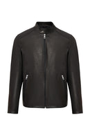 Insignia Men's Black Mandarin Collar Leather Jacket | Derimod