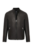 Insignia Men's Black Mandarin Collar Leather Jacket | Derimod