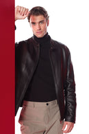 Insignia Men Black Stand Collar Leather Jacket | Derimod