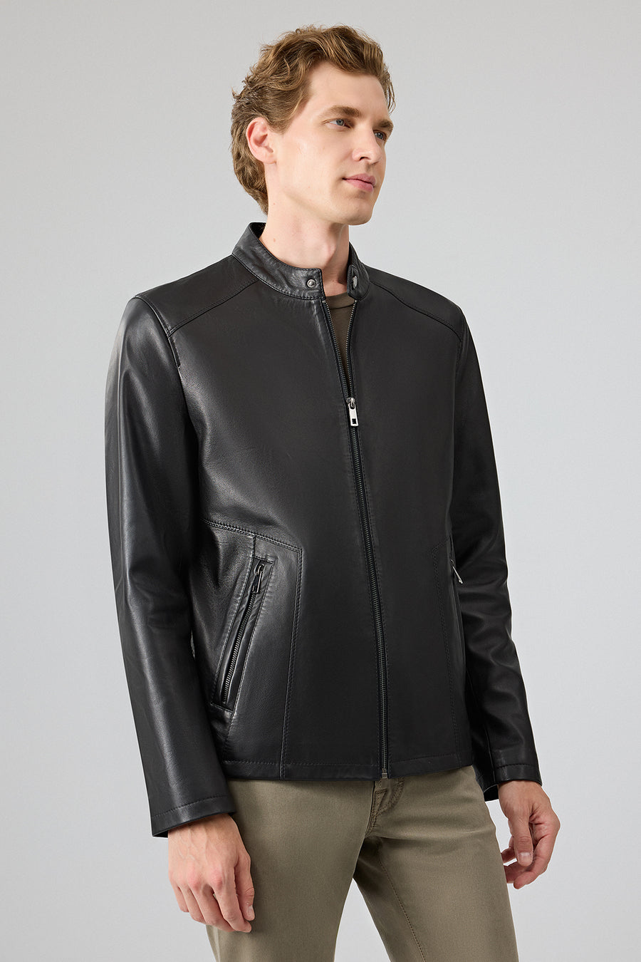 Insignia Men Black Stand Collar Leather Jacket