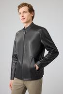 Insignia Men Black Stand Collar Leather Jacket | Derimod