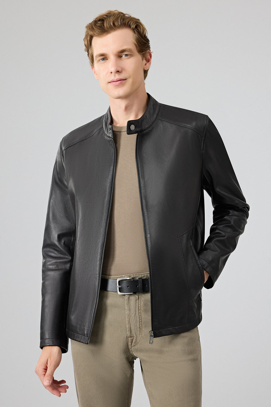 Insignia Men Black Stand Collar Leather Jacket