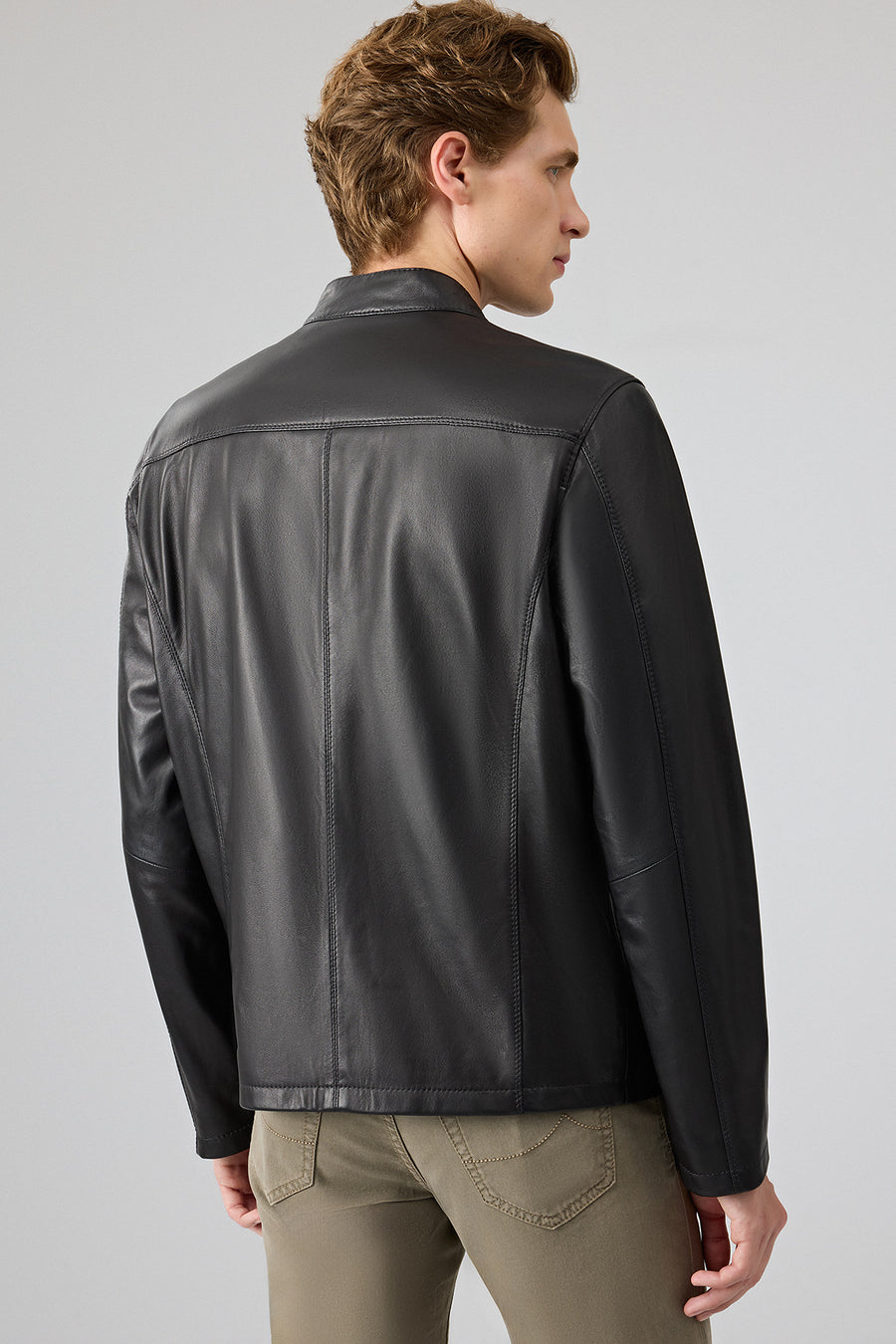 Insignia Men Black Stand Collar Leather Jacket