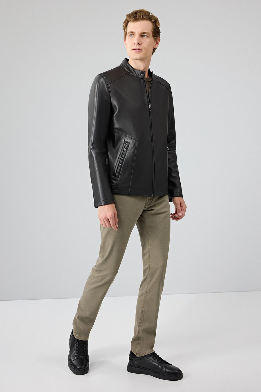 Insignia Men Black Stand Collar Leather Jacket