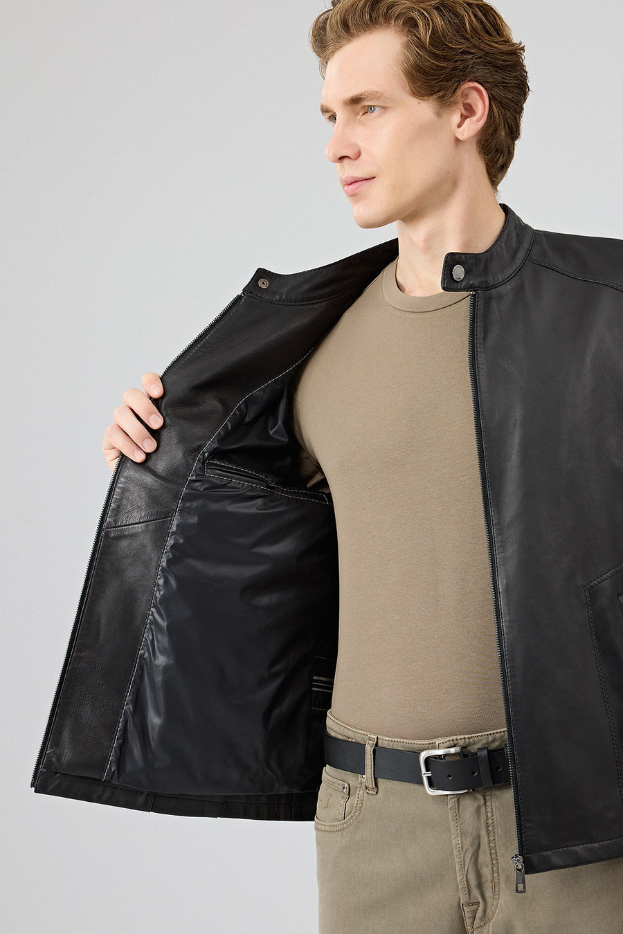 Insignia Men Black Stand Collar Leather Jacket