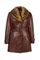 Rhoda(Plus) Woman Brown Loose-Fit Fur-Collar Leather Coat | Derimod