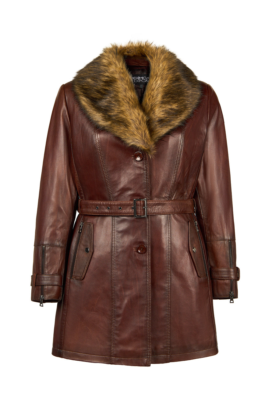Rhoda(Plus) Woman Brown Loose-Fit Fur-Collar Leather Coat 25WGE5293NC | Derimod