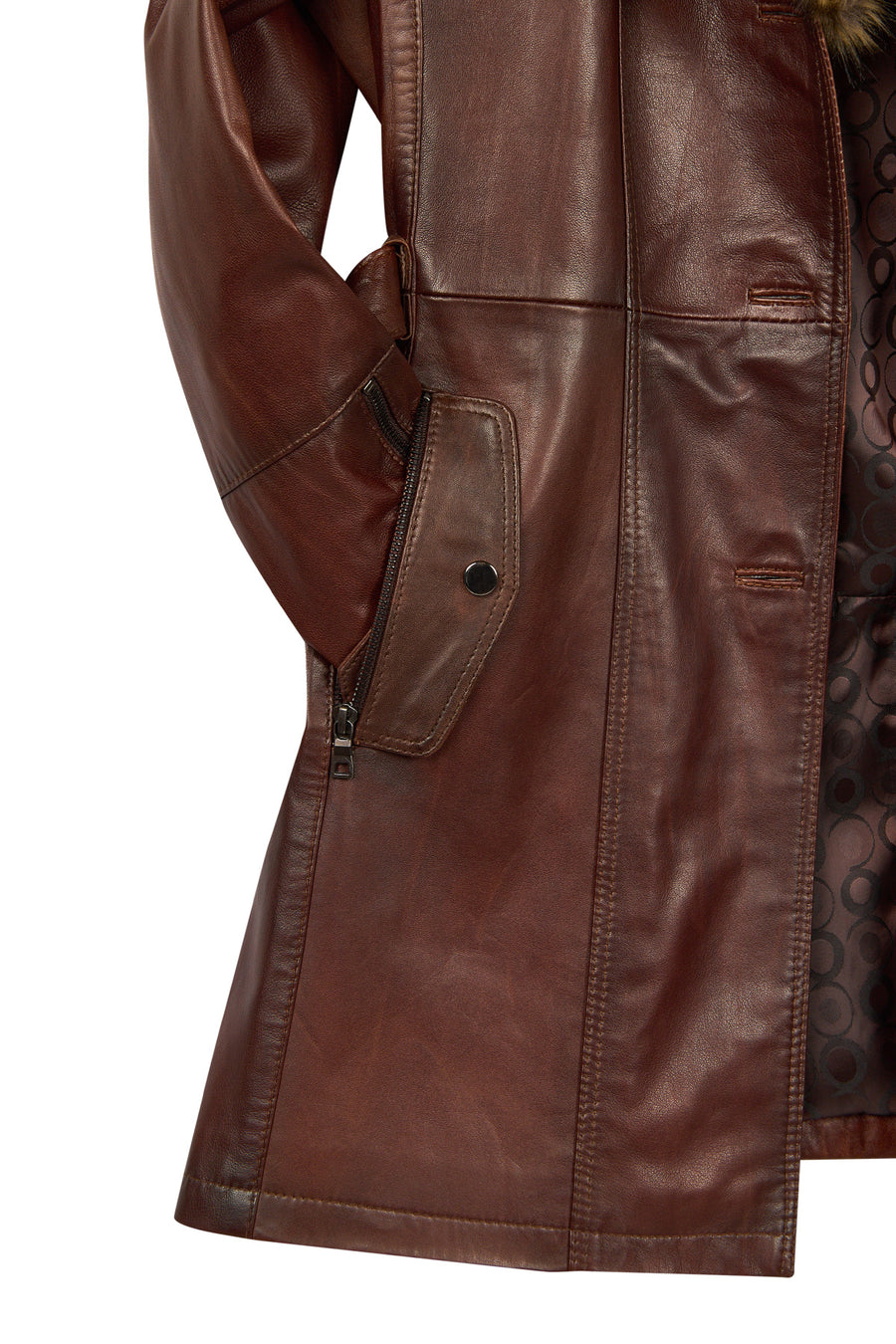 Rhoda(Plus) Woman Brown Loose-Fit Fur-Collar Leather Coat