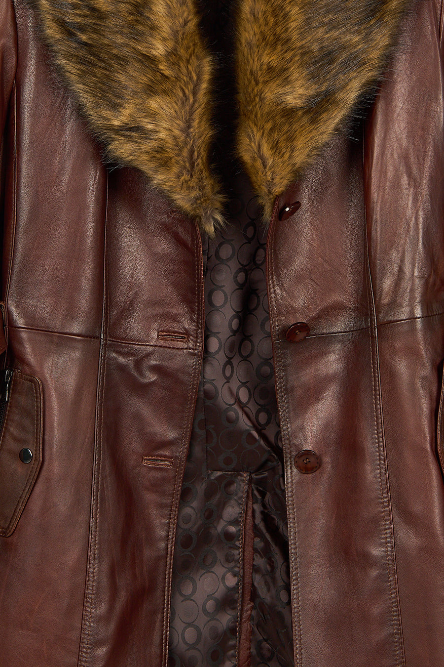 Rhoda(Plus) Woman Brown Loose-Fit Fur-Collar Leather Coat