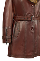 Rhoda(Plus) Woman Brown Loose-Fit Fur-Collar Leather Coat | Derimod