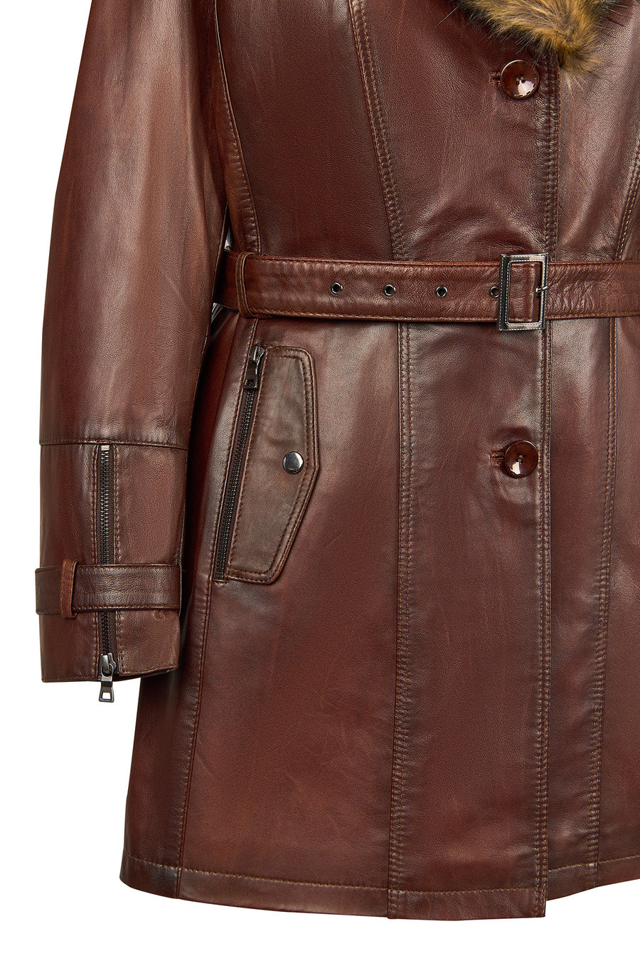 Rhoda(Plus) Woman Brown Loose-Fit Fur-Collar Leather Coat