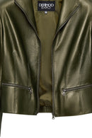 Amy Women's Green Lapel Leather Jacket | Derimod