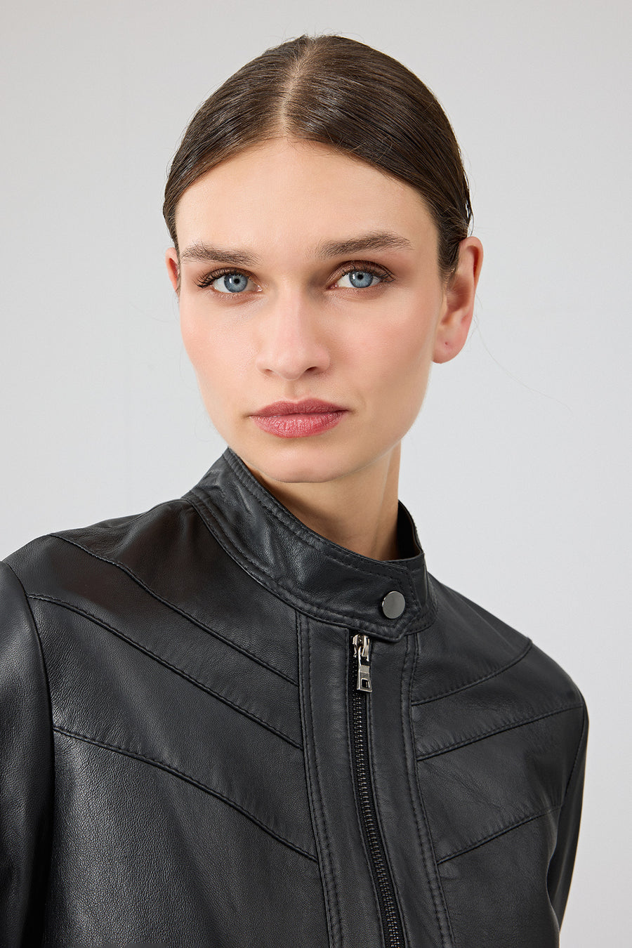 Tina Women's Black Stand Collar Leather Jacket