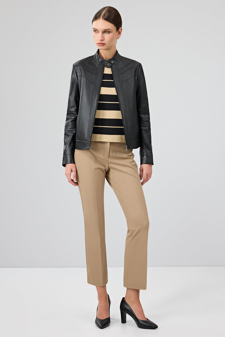 Tina Women's Black Stand Collar Leather Jacket