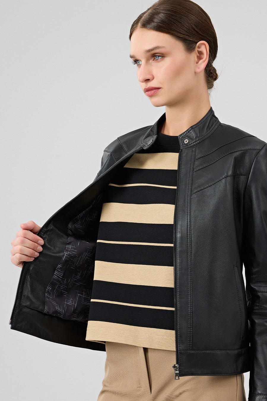 Tina Women's Black Stand Collar Leather Jacket