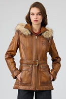 Donatella Women's Camel Belted Hooded Leather Coat | Derimod