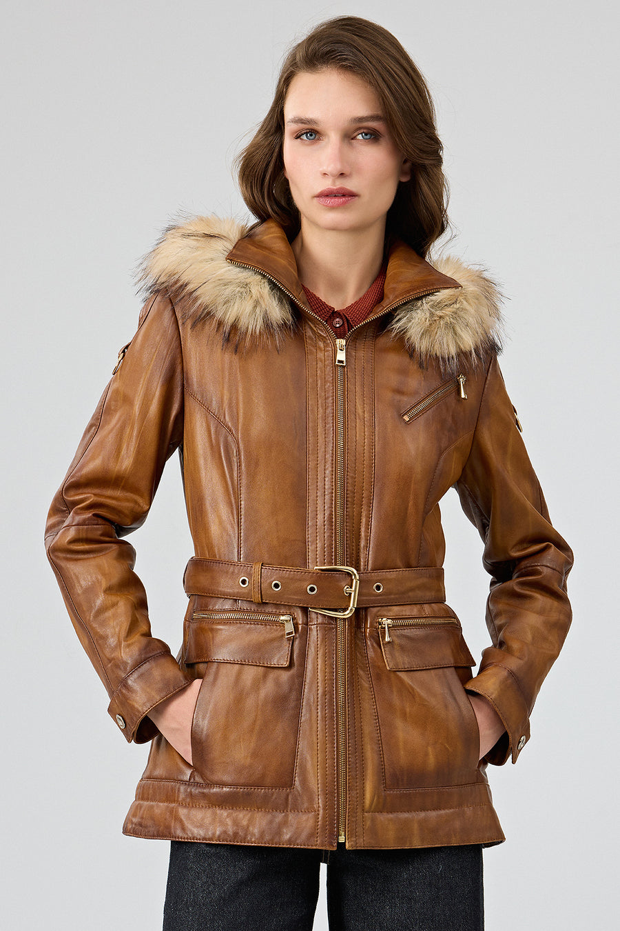 Donatella Women's Camel Belted Hooded Leather Coat 25WGE5326NC | Derimod