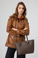Donatella Women's Camel Belted Hooded Leather Coat | Derimod