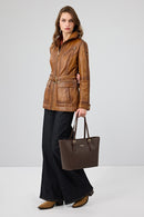 Donatella Women's Camel Belted Hooded Leather Coat | Derimod