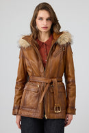 Donatella Women's Camel Belted Hooded Leather Coat | Derimod