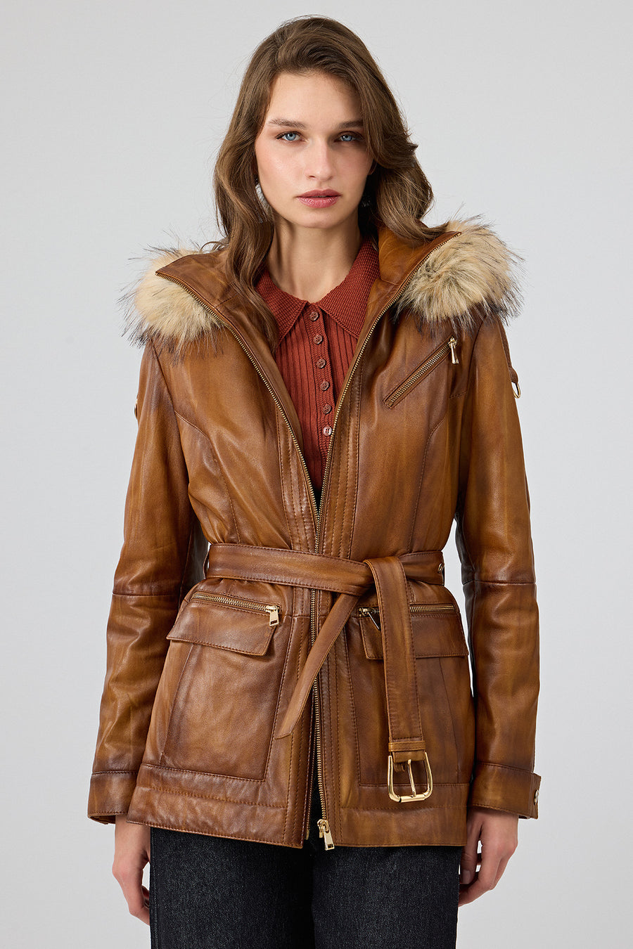 Donatella Women's Camel Belted Hooded Leather Coat