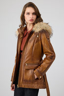 Donatella Women's Camel Belted Hooded Leather Coat | Derimod
