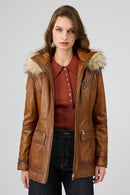 Donatella Women's Camel Belted Hooded Leather Coat | Derimod
