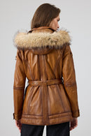 Donatella Women's Camel Belted Hooded Leather Coat | Derimod
