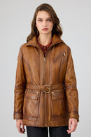Donatella Women's Camel Belted Hooded Leather Coat | Derimod