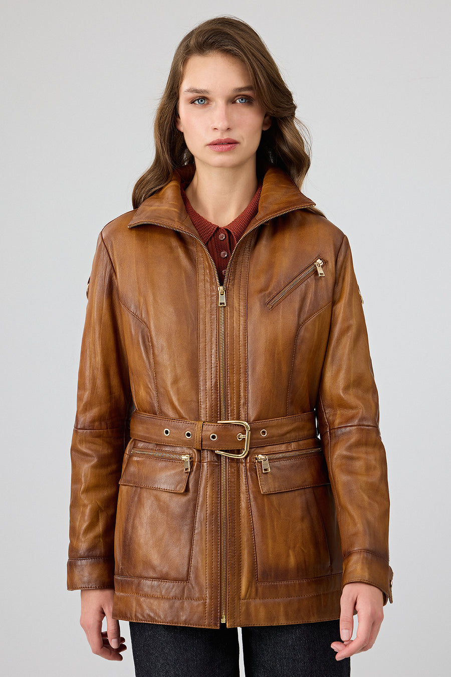 Donatella Women's Camel Belted Hooded Leather Coat
