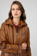 Donatella Women's Camel Belted Hooded Leather Coat | Derimod