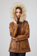 Donatella Women's Camel Belted Hooded Leather Coat | Derimod
