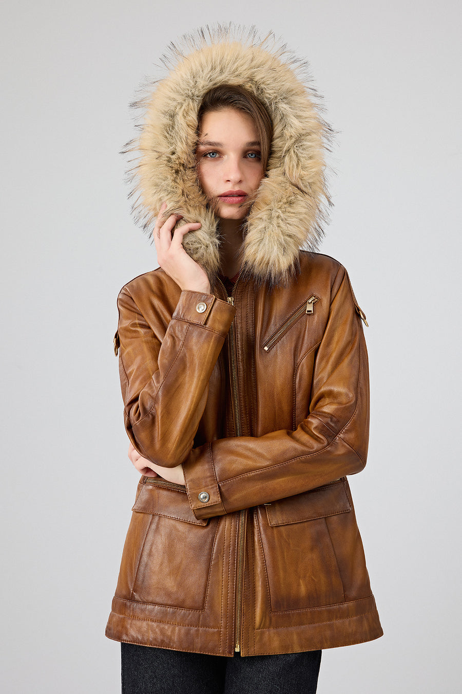 Donatella Women's Camel Belted Hooded Leather Coat