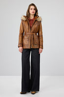Donatella Women's Camel Belted Hooded Leather Coat | Derimod