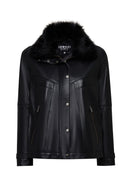 Hannah Women's Black Collar Fur Oversize Leather Coat | Derimod