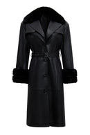 Selena Women's Black Collar Fur-Trimmed Leather Trench Coat | Derimod