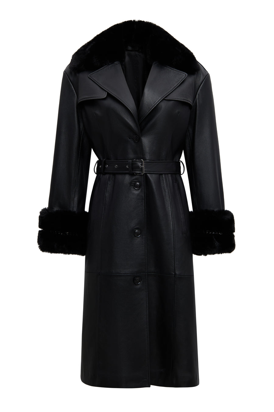 Selena Women's Black Collar Fur-Trimmed Leather Trench Coat 25WGE56221M | Derimod