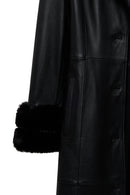 Selena Women's Black Collar Fur-Trimmed Leather Trench Coat | Derimod