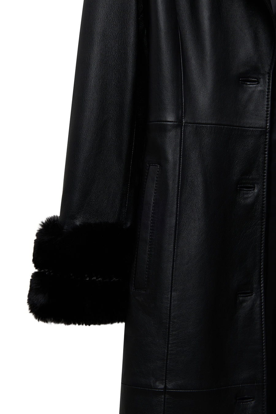 Selena Women's Black Collar Fur-Trimmed Leather Trench Coat