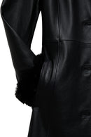 Selena Women's Black Collar Fur-Trimmed Leather Trench Coat | Derimod