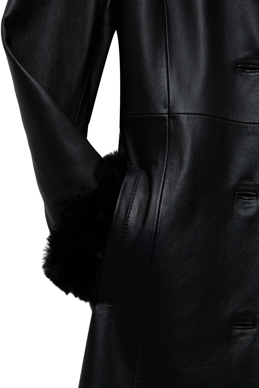 Selena Women's Black Collar Fur-Trimmed Leather Trench Coat
